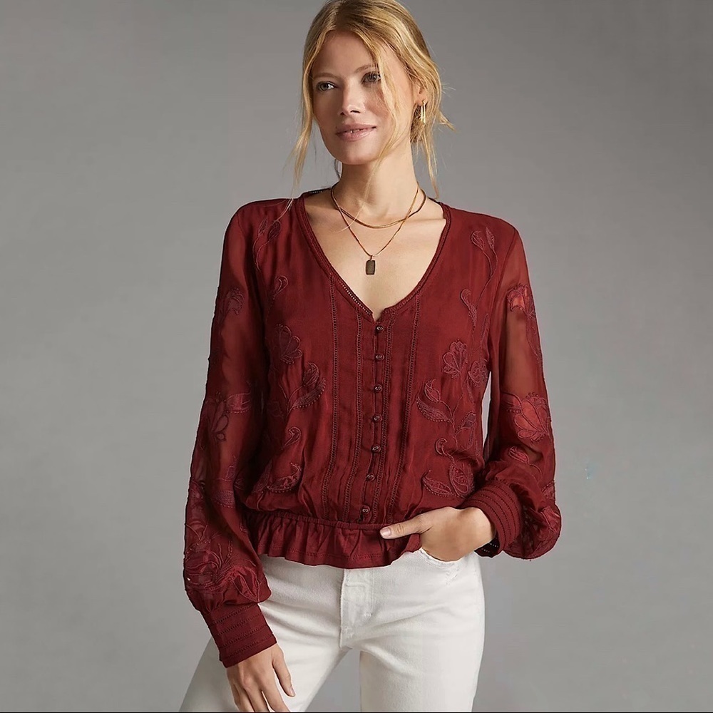 NWT Anthropologie Embroidered Floral Buttondown Long Sleeve Blouse Wine XS